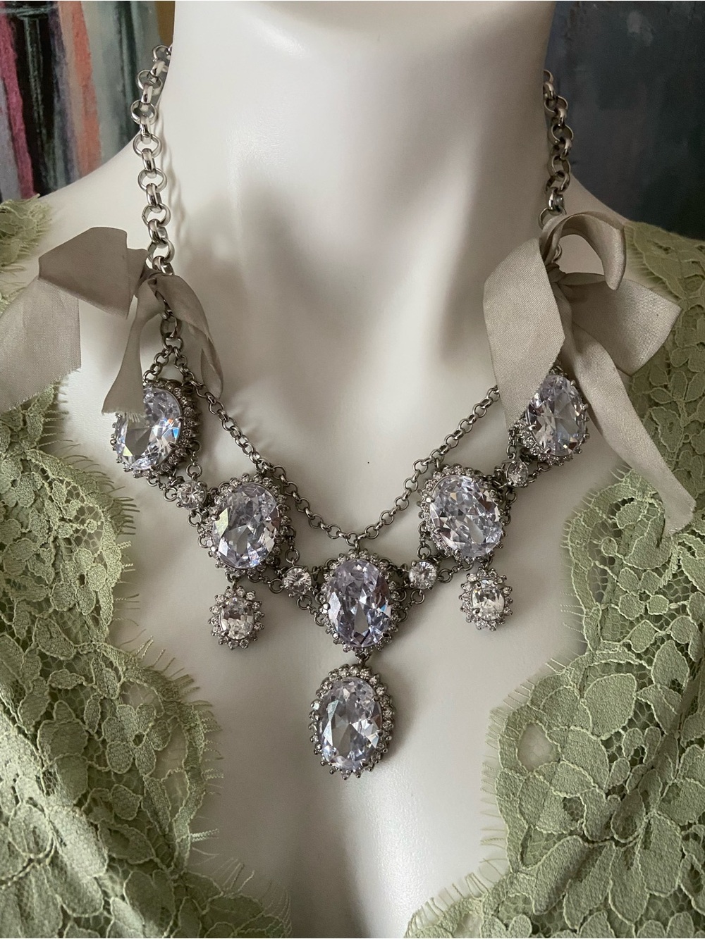 Ann Taylor Crystal Statement Necklace With Bows in Silver